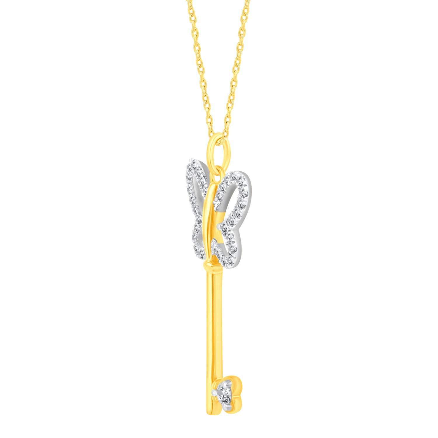 3/8 Cttw Diamond Pave Butterfly Heart Key Pendant Necklace set in 925 Sterling Silver Yellow Gold