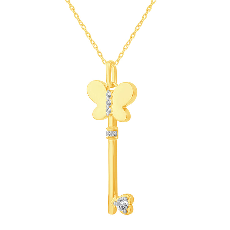 1/5 Cttw Diamond Butterfly Heart Key Pendant Necklace set in 925 Sterling Silver Yellow Gold
