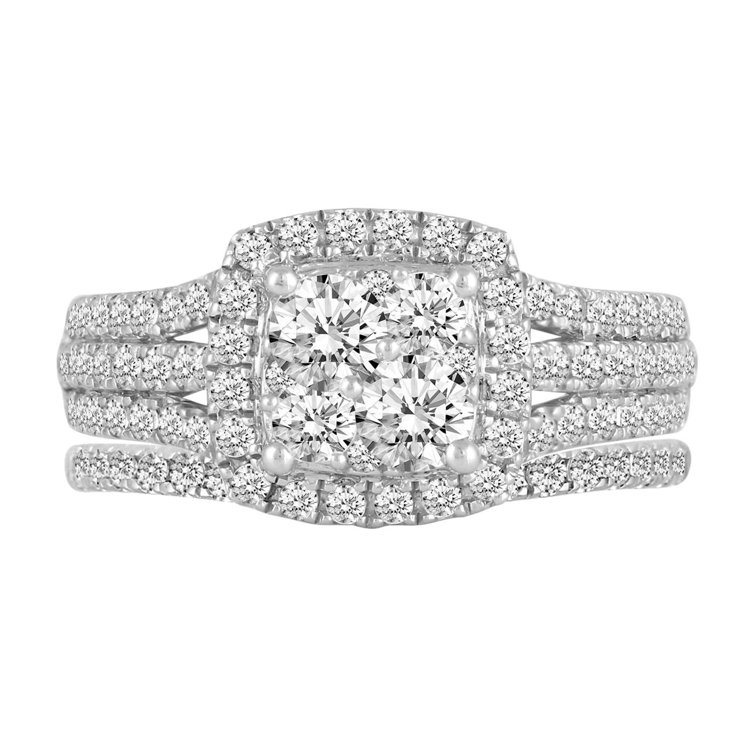 1 5/8 Cttw  (I1-I2 Clarity) Diamond Cushion Engagement Wedding Bridal Cluster Ring & Band in 14K Gold