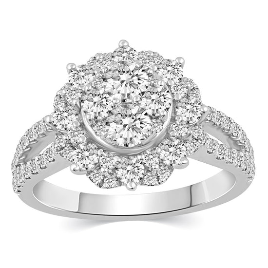 1 1/2 Cttw  (I1-I2 Clarity) Diamond Floral Halo Engagement Bridal Ring in 14K Gold