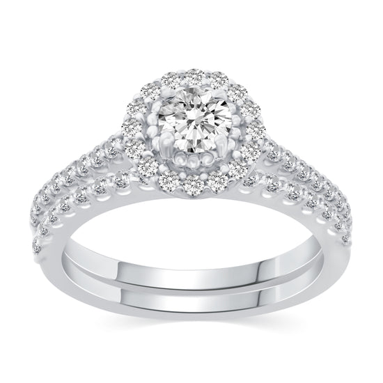 1 Cttw  (I1-I2 Clarity) Diamond Halo Engagement Wedding Bridal Ring & Band in 14K Gold