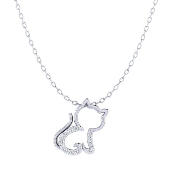 Kitty Cat 1/20 Cttw Natural Diamond Pendant Necklace set in 925 Sterling Silver