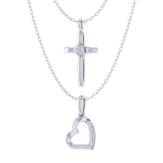 Open Heart and Celtic Cross Layered 1/10 Cttw Natural Diamond Pendant Necklace set in 925 Sterling Silver…