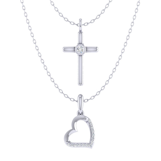 Open Heart and Celtic Cross Layered 1/10 Cttw Natural Diamond Pendant Necklace set in 925 Sterling Silver…