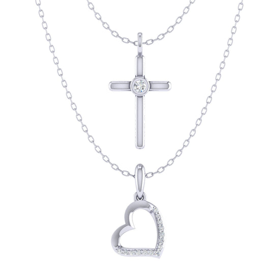 Open Heart and Celtic Cross Layered 1/10 Cttw Natural Diamond Pendant Necklace set in 925 Sterling Silverβ¦