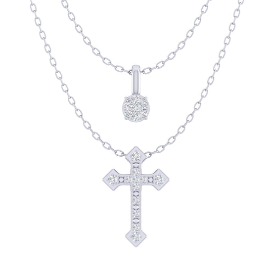 Cluster and Celtic Cross Layered 1/10 Cttw Natural Diamond Pendant Necklace set in 925 Sterling Silver…