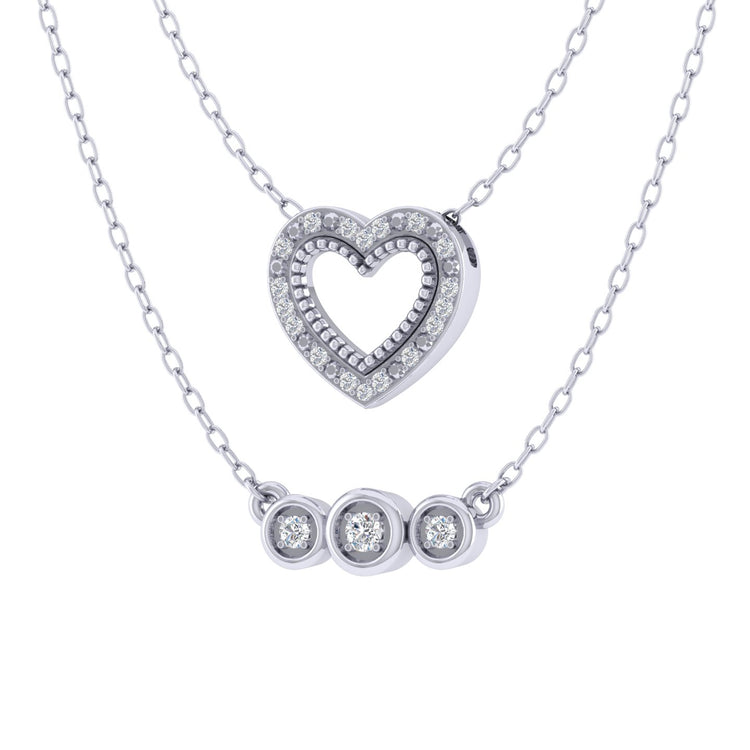 Heart and Three Stone Layered 1/10 Cttw Natural Diamond Pendant Necklace set in 925 Sterling Silver…