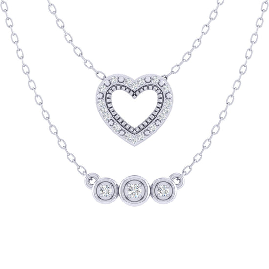 Heart and Three Stone Layered 1/10 Cttw Natural Diamond Pendant Necklace set in 925 Sterling Silver…