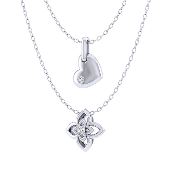 Heart and Flower Layered 1/20 Cttw Natural Diamond Pendant Necklace set in 925 Sterling Silver…