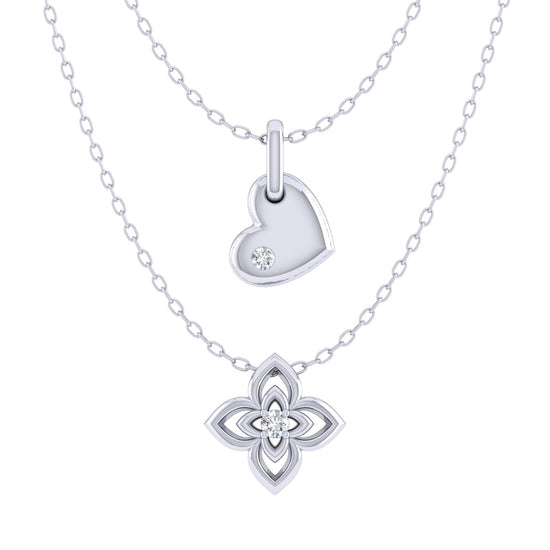 Heart and Flower Layered 1/20 Cttw Natural Diamond Pendant Necklace set in 925 Sterling Silverβ¦
