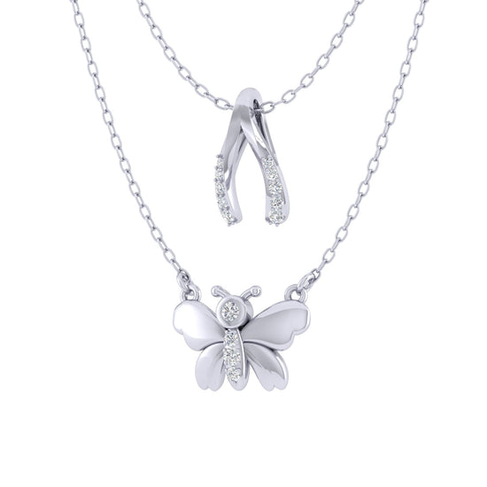 Lucky Wishbone and Butterfly Layered 1/10 Cttw Natural Diamond Pendant Necklace set in 925 Sterling Silverβ¦