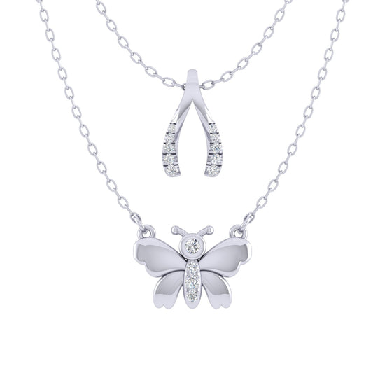 Lucky Wishbone and Butterfly Layered 1/10 Cttw Natural Diamond Pendant Necklace set in 925 Sterling Silverβ¦