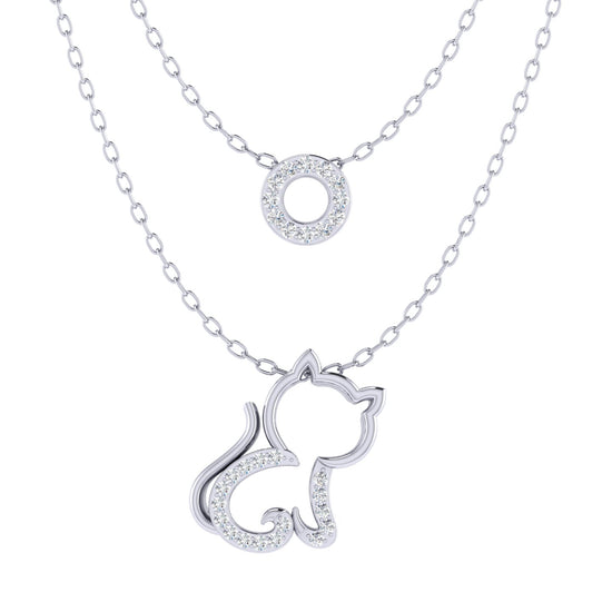 Circle and Kitty Cat Layered 1/10 Cttw Natural Diamond Pendant Necklace set in 925 Sterling Silver…