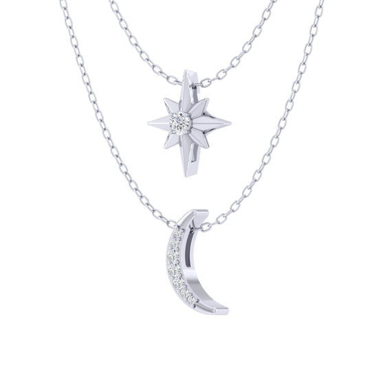 North Star and Moon Layered 1/10 Cttw Natural Diamond Pendant Necklace set in 925 Sterling Silverβ¦