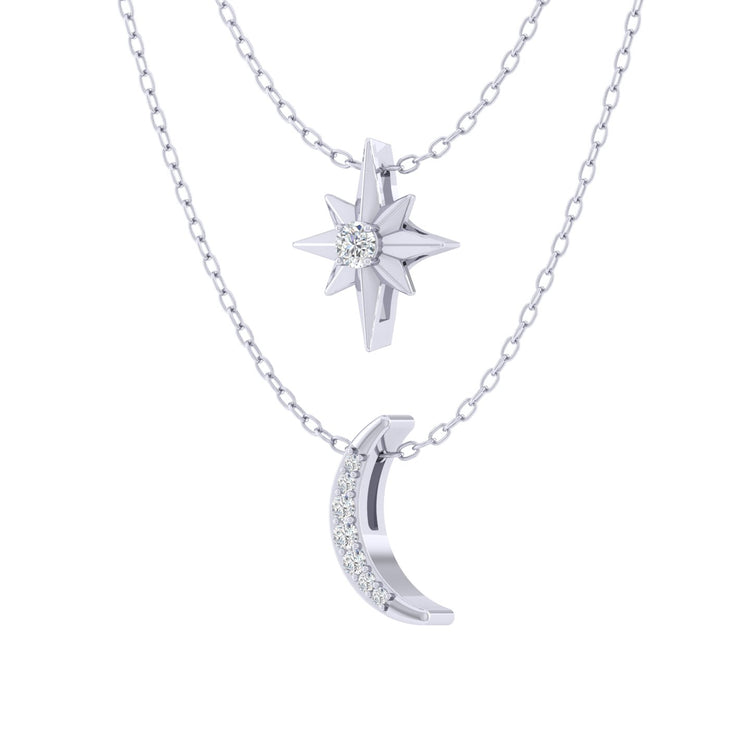 North Star and Moon Layered 1/10 Cttw Natural Diamond Pendant Necklace set in 925 Sterling Silver…