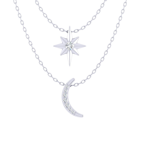 North Star and Moon Layered 1/10 Cttw Natural Diamond Pendant Necklace set in 925 Sterling Silver…