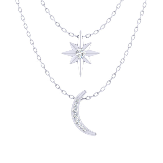 North Star and Moon Layered 1/10 Cttw Natural Diamond Pendant Necklace set in 925 Sterling Silverβ¦