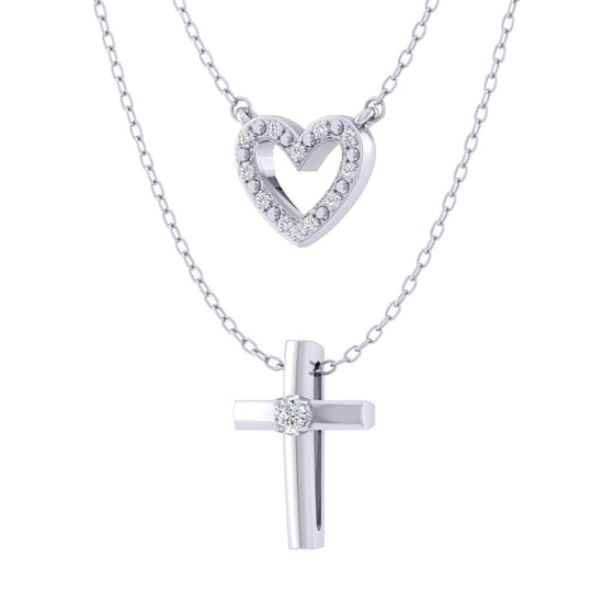 Heart and Cross Layered 1/10 Cttw Natural Diamond Pendant Necklace set in 925 Sterling Silver…