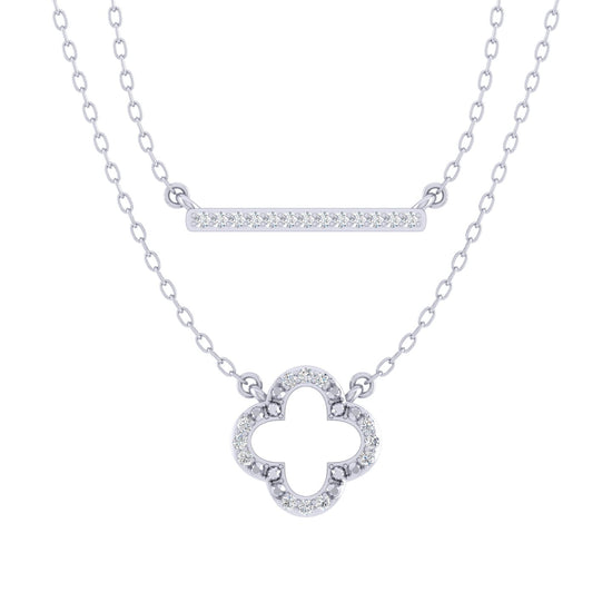 Bar and Leaf Clover Layered 1/10 Cttw Natural Diamond Pendant Necklace set in 925 Sterling Silverβ¦