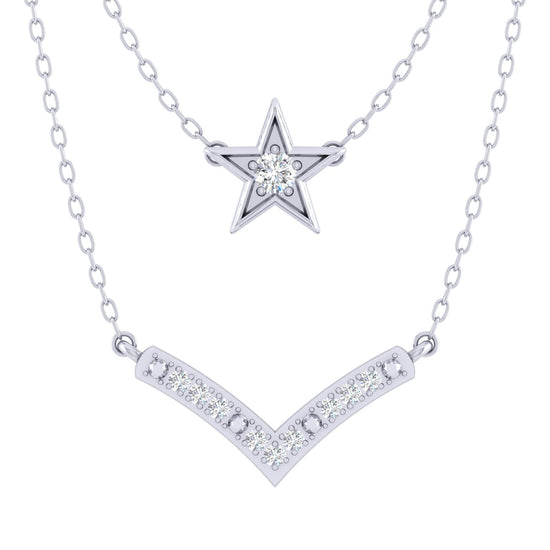 Star and Chevron Layered 1/10 Cttw Natural Diamond Pendant Necklace set in 925 Sterling Silver…