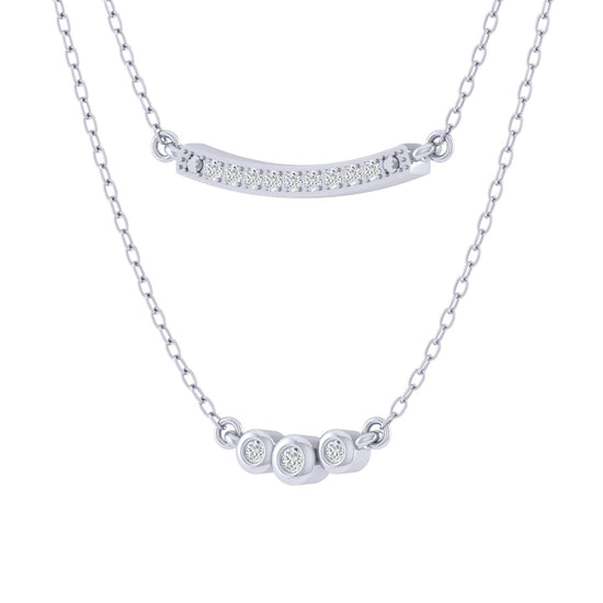 Curved Bar and Three Stone Layered 1/10 Cttw Natural Diamond Pendant Necklace set in 925 Sterling Silver fine jewelry