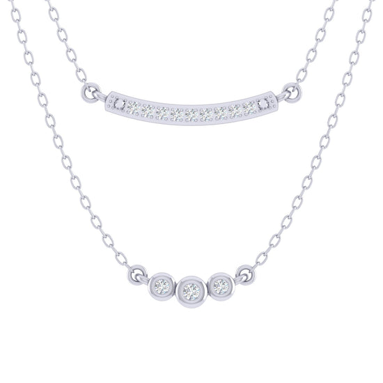 Curved Bar and Three Stone Layered 1/10 Cttw Natural Diamond Pendant Necklace set in 925 Sterling Silver fine jewelry 