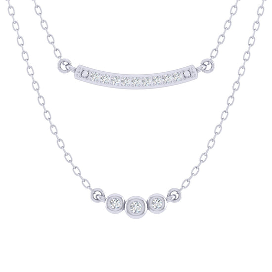 Curved Bar and Three Stone Layered 1/10 Cttw Natural Diamond Pendant Necklace set in 925 Sterling Silver fine jewelry