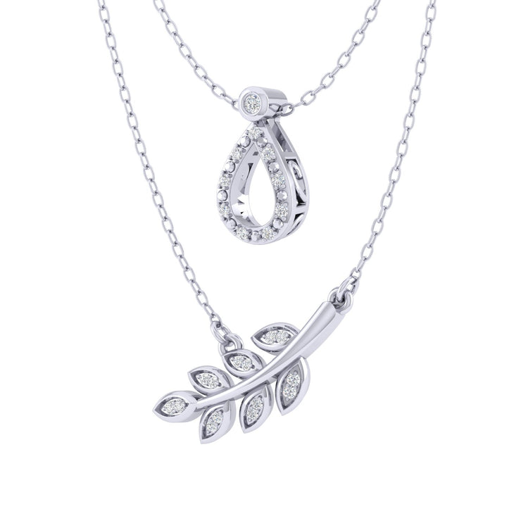 Teardrop and Leaf Layered 1/10 Cttw Natural Diamond Pendant Necklace set in 925 Sterling Silver…