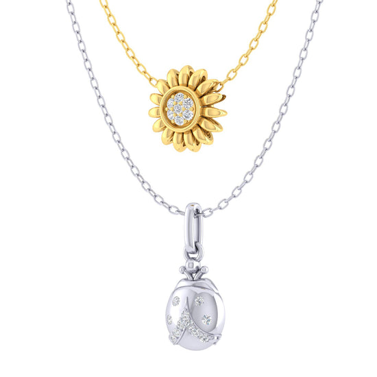 LadyBug and SunFlower Layered 1/10 Cttw Natural Diamond Pendant Necklace set in 925 Sterling (Silver & Yellow Gold fine jewelry gift
