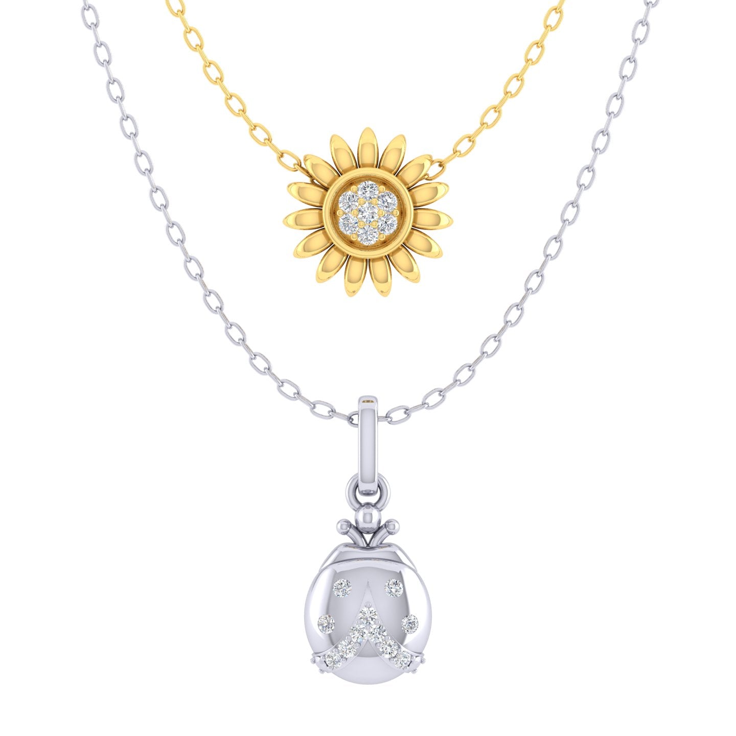 LadyBug and SunFlower Layered 1/10 Cttw Natural Diamond Pendant Necklace set in 925 Sterling (Silver & Yellow Gold fine jewelry gift