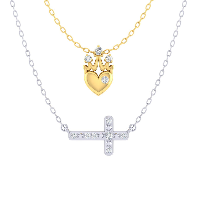 Crown Heart and Sideways Cross Layered 1/10 Cttw Natural Diamond Pendant Necklace set in 925 Sterling (Yellow Gold & Silver)…