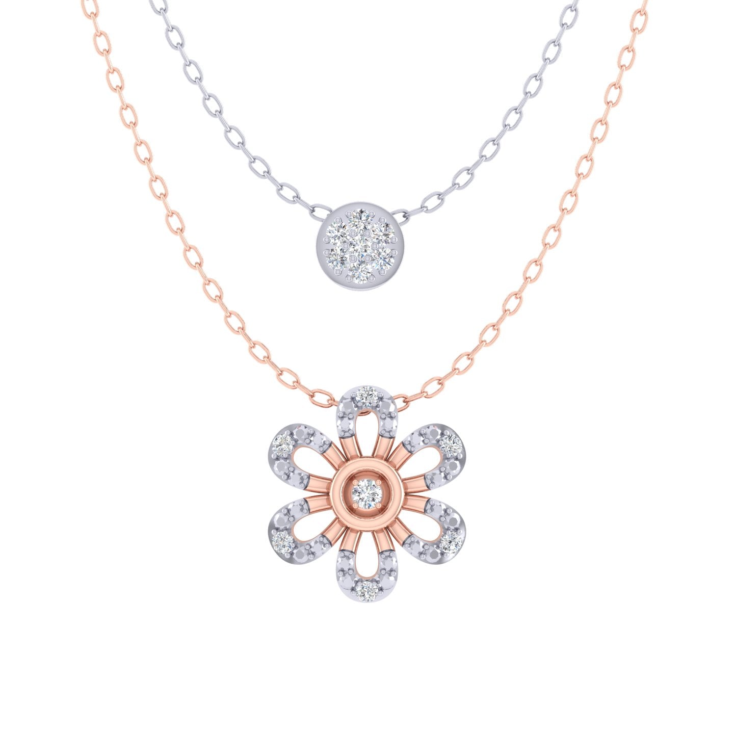 Cluster and Flower Layered 1/10 Cttw Natural Diamond Pendant Necklace set in 925 Sterling (Silver & Rose Gold)…