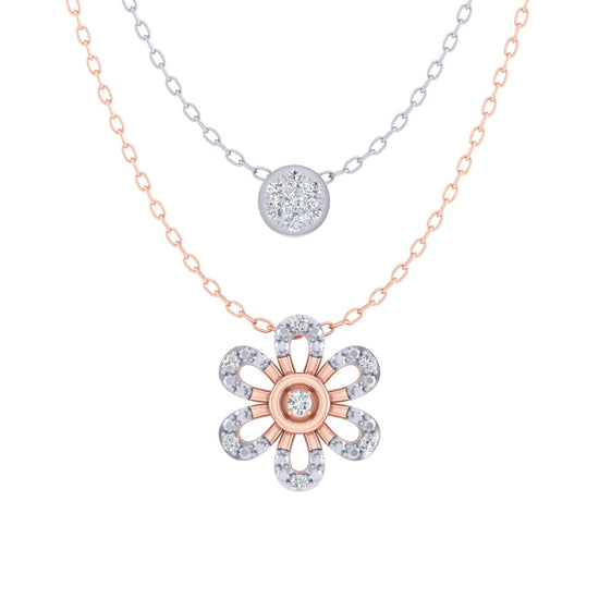 Cluster and Flower Layered 1/10 Cttw Natural Diamond Pendant Necklace set in 925 Sterling (Silver & Rose Gold)…