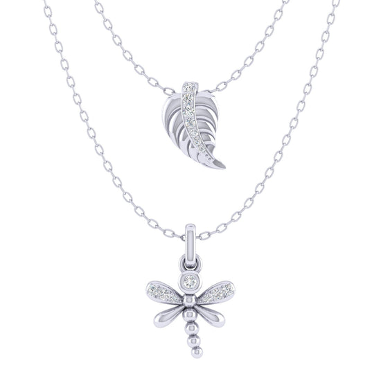 Lucky Feather and Dragonfly Layered 1/10 Cttw Natural Diamond Pendant Necklace set in 925 Sterling Silver… fine jewelry gift holiday birthday under$50 cheap affordable