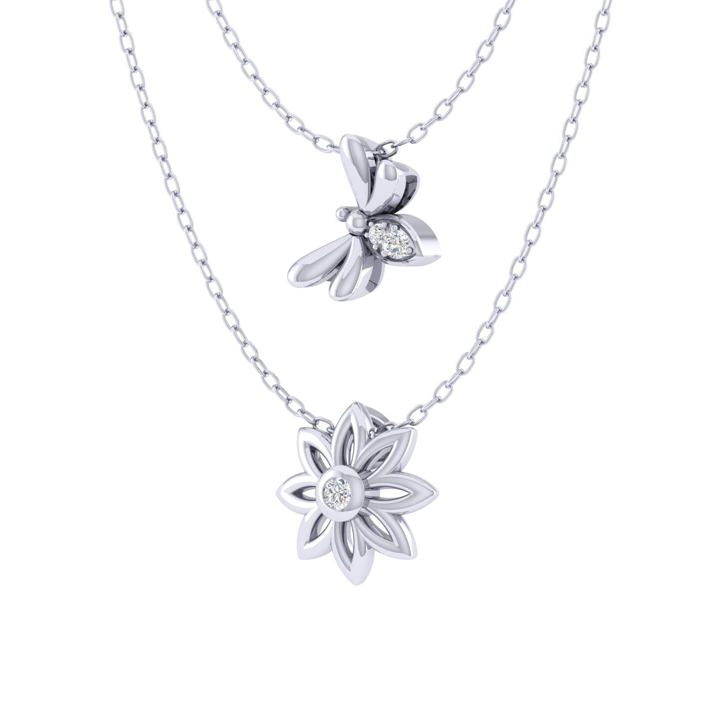 Bee and Flower Layered 1/20 Cttw Natural Diamond Pendant Necklace set in 925 Sterling Silver…