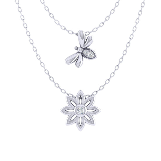 Bee and Flower Layered 1/20 Cttw Natural Diamond Pendant Necklace set in 925 Sterling Silverβ¦