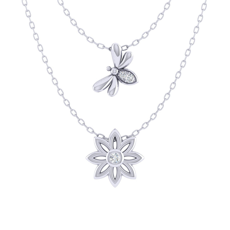 Bee and Flower Layered 1/20 Cttw Natural Diamond Pendant Necklace set in 925 Sterling Silver…