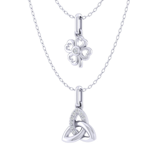 Four Leaf Clover and Celtic Trinity Knot Layered 1/20 Cttw Natural Diamond Pendant Necklace set in 925 Sterling Silver…