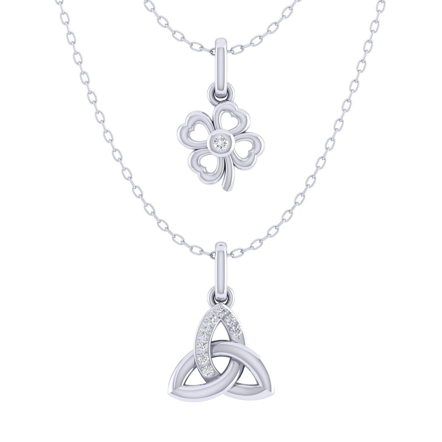 Four Leaf Clover and Celtic Trinity Knot Layered 1/20 Cttw Natural Diamond Pendant Necklace set in 925 Sterling Silver…