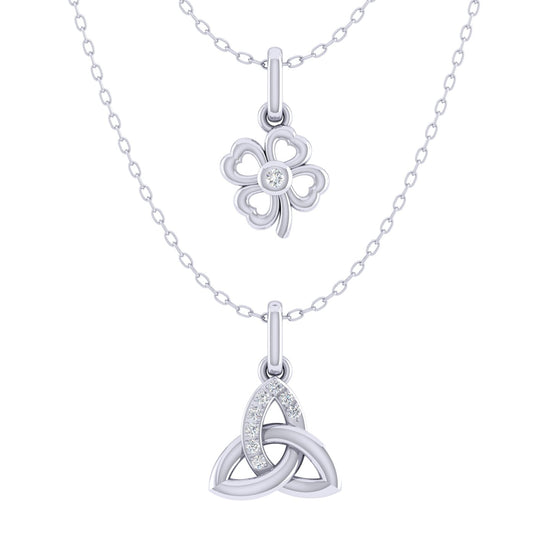 Four Leaf Clover and Celtic Trinity Knot Layered 1/20 Cttw Natural Diamond Pendant Necklace set in 925 Sterling Silverβ¦