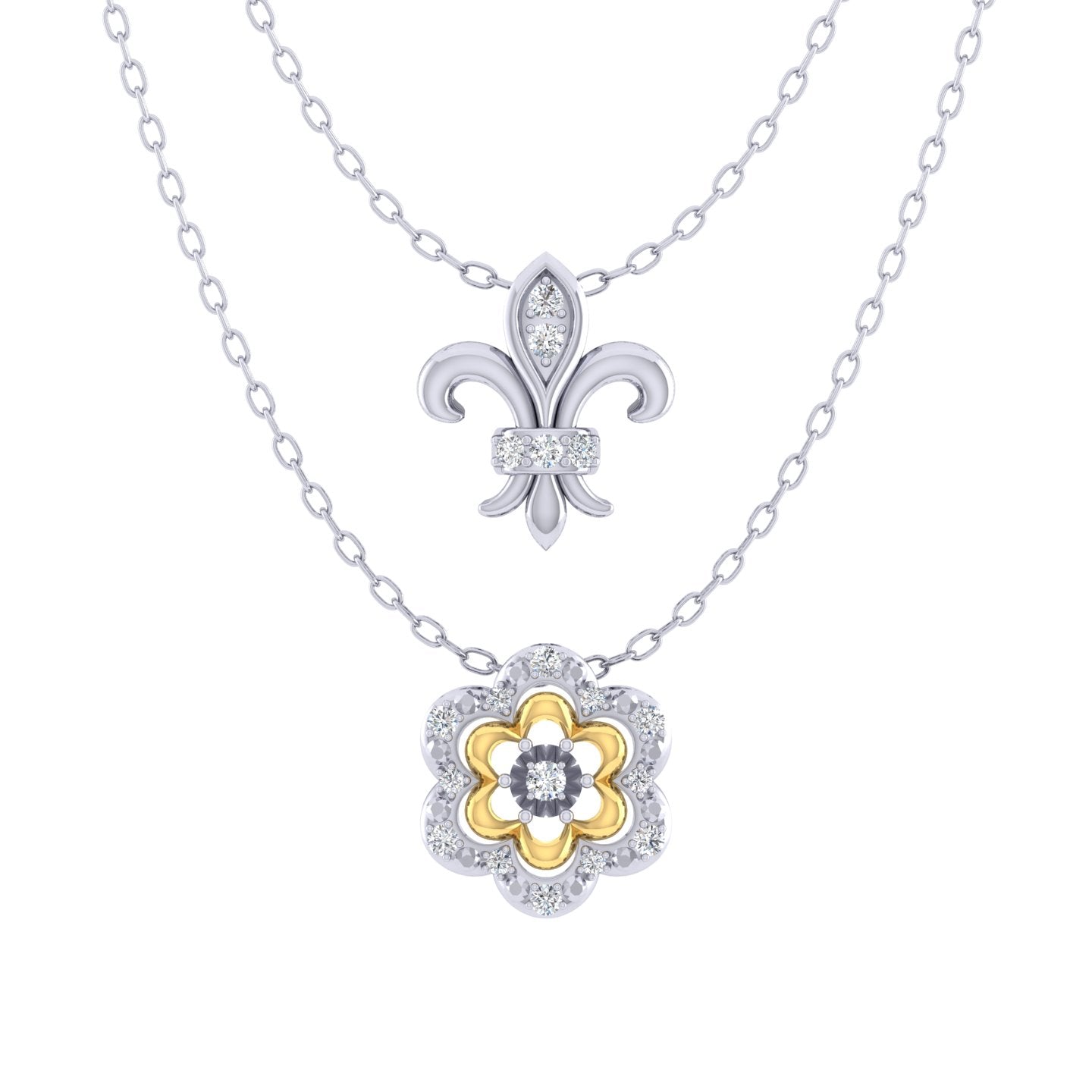 Fleur De Lis and Flower Layered 1/10 Cttw Natural Diamond Pendant Necklace set in 925 Sterling (Silver & Yellow Gold)… fine jewelry
