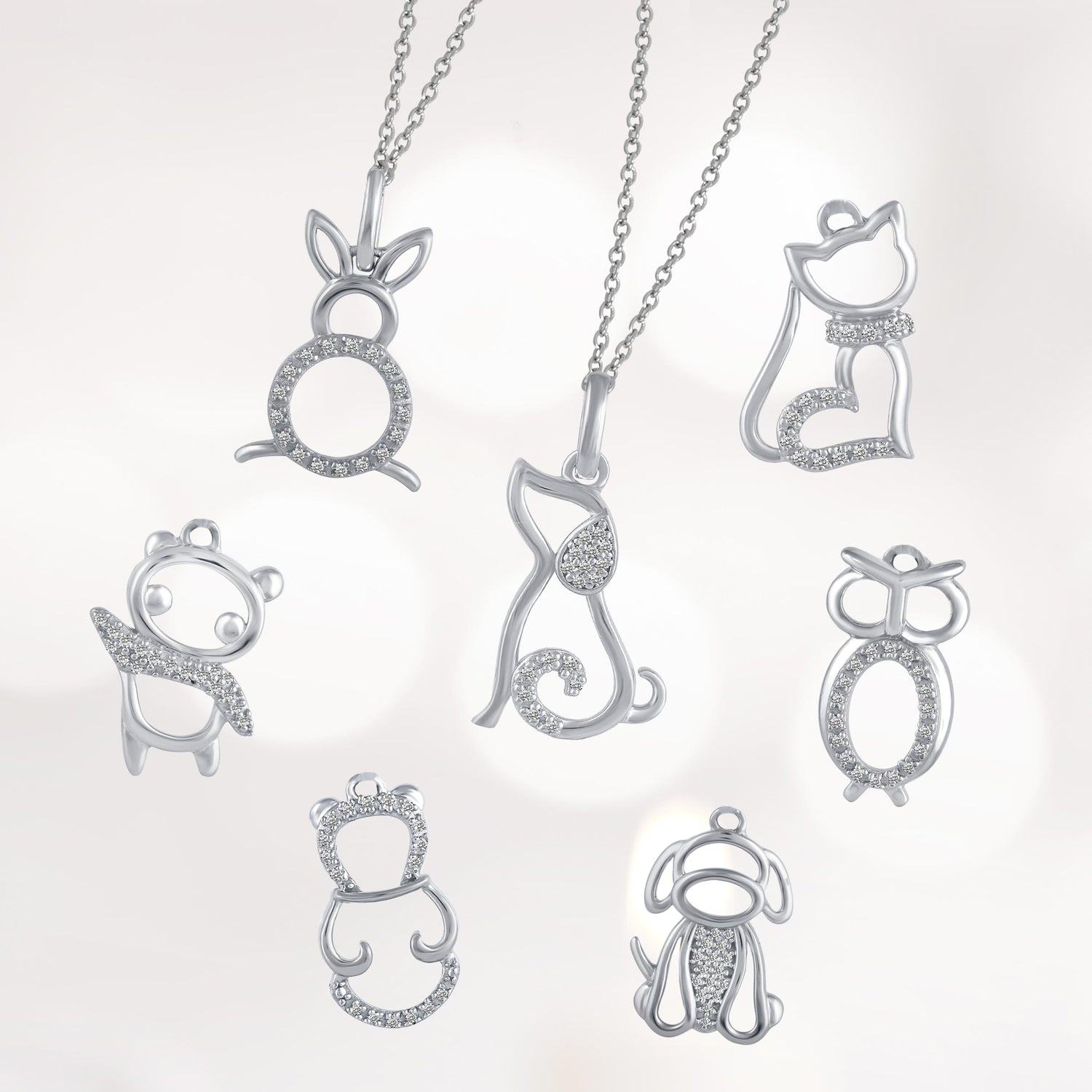 1/20 Ctw Animal Necklace with Natural Round Diamonds Set in 925 Sterling Silver dog cat bear owl panda kitty bunny rabbit 
