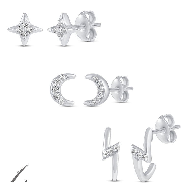 3 Pairs Set Ear Party 1/10 -1/20 Cttw Natural Diamond Earrings in 925 Sterling Silver star crescent moon lightning bolt