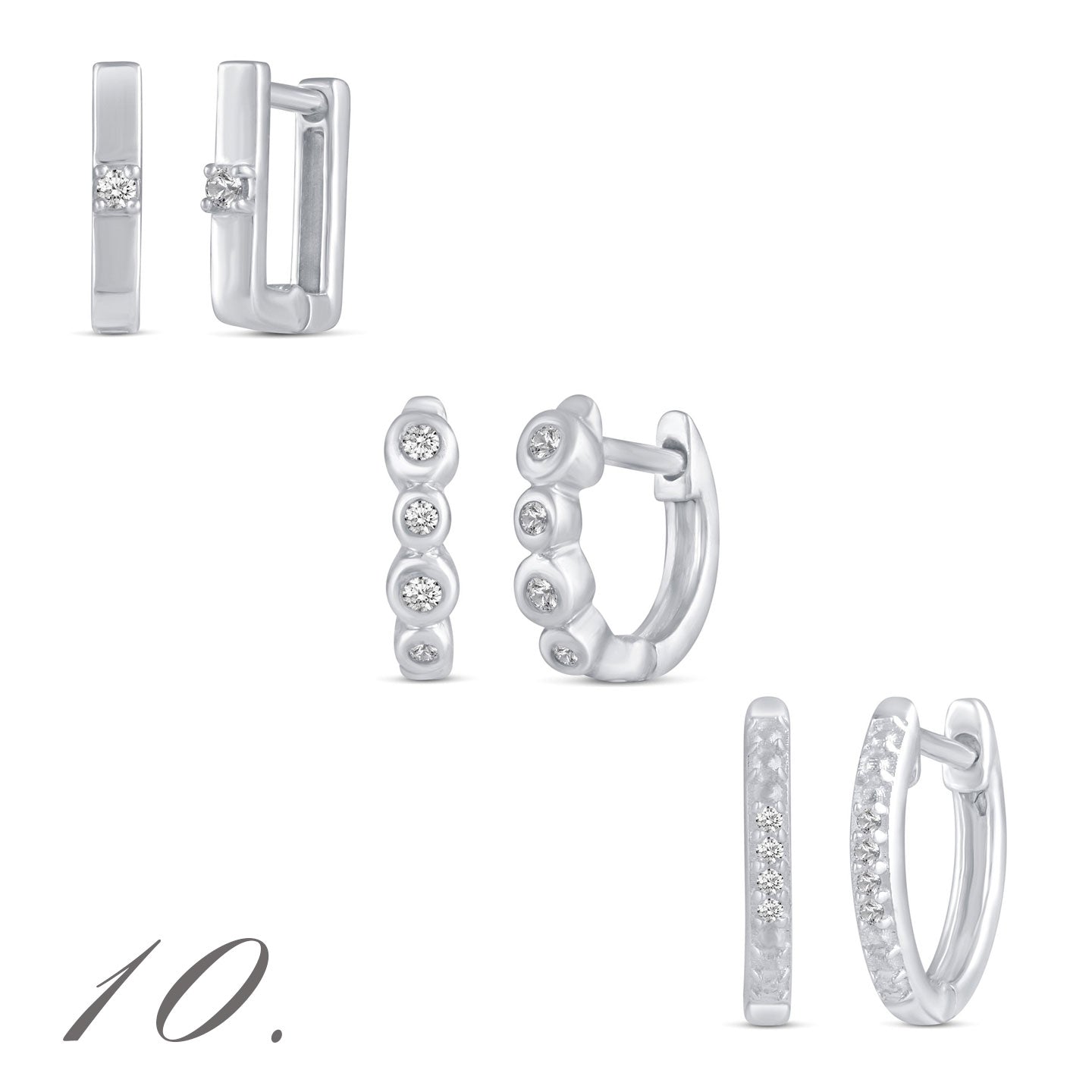3 Pairs Set Ear Party 1/10 -1/20 Cttw Natural Diamond Earrings in 925 Sterling Silver huggies square hoop