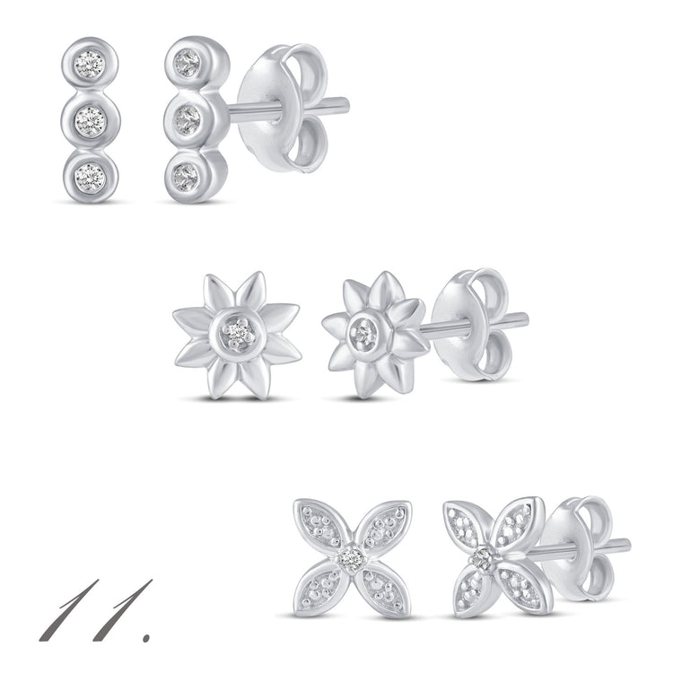 3 Pairs Set Ear Party 1/10 -1/20 Cttw Natural Diamond Earrings in 925 Sterling Silver marquise flower