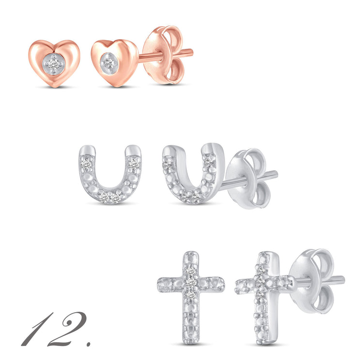 3 Pairs Set Ear Party 1/10 -1/20 Cttw Natural Diamond Earrings in 925 Sterling Silver rosegold heart horses shoe cross pave