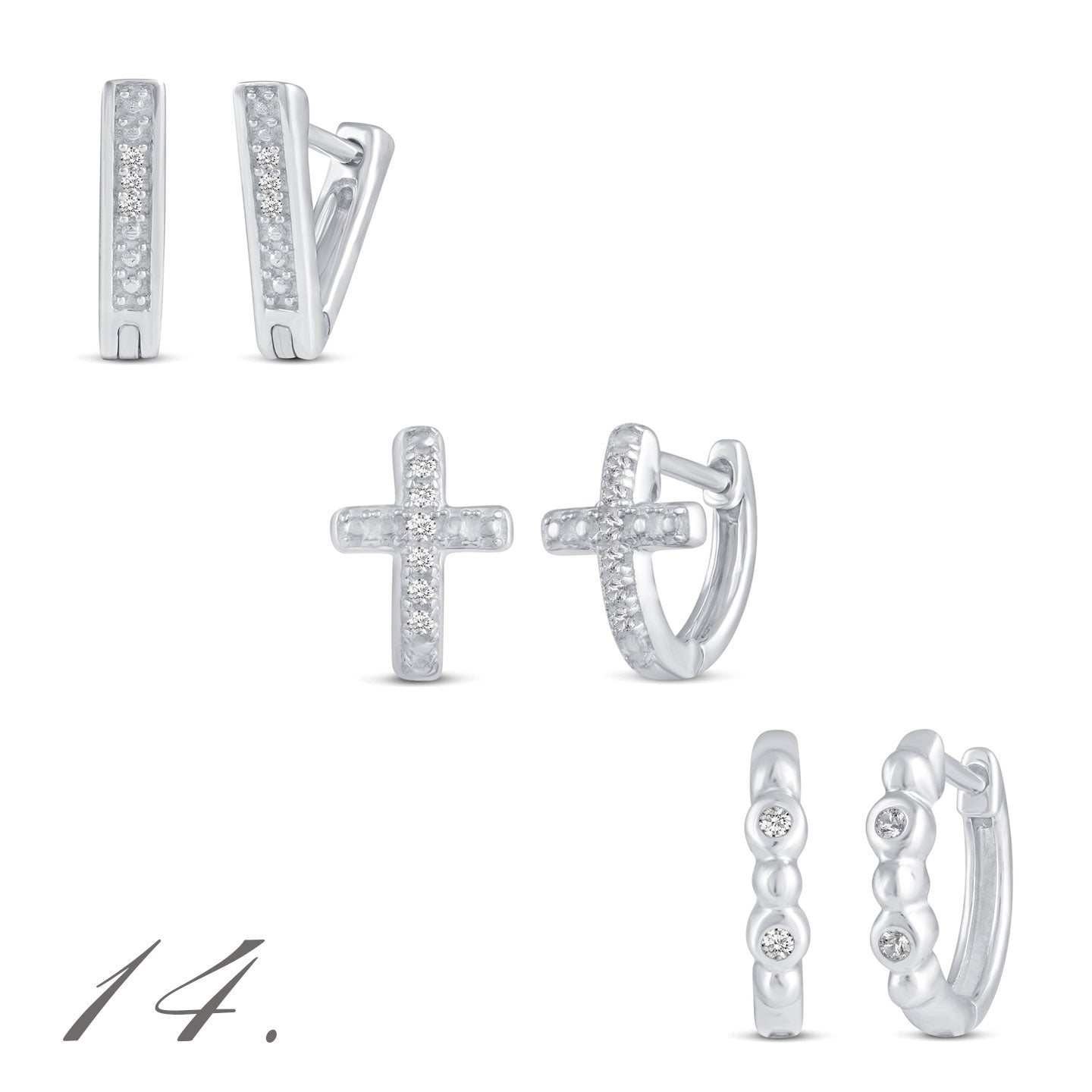 3 Pairs Set Ear Party 1/10 -1/20 Cttw Natural Diamond Earrings in 925 Sterling Silver cross huggies hoops 