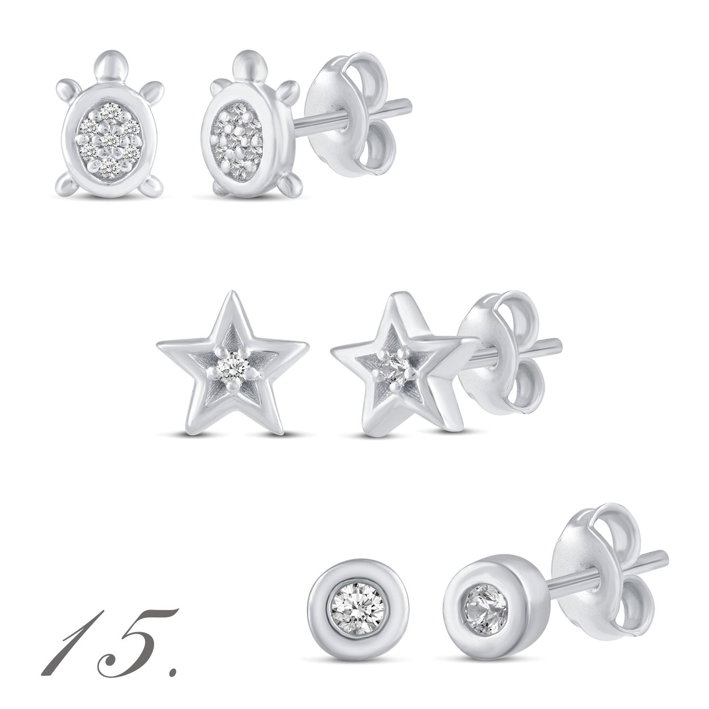 3 Pairs Set Ear Party 1/10 -1/20 Cttw Natural Diamond Earrings in 925 Sterling Silver turtle star 