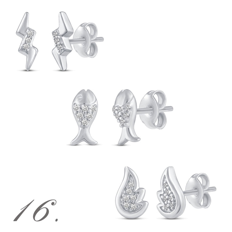 3 Pairs Set Ear Party 1/10 -1/20 Cttw Natural Diamond Earrings in 925 Sterling Silver lightning fish angel wing 
