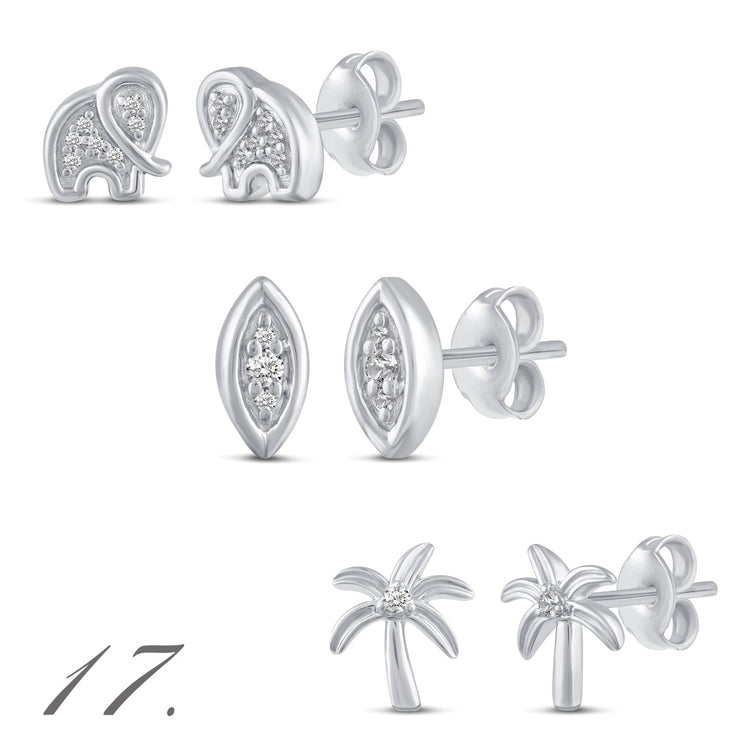 3 Pairs Set Ear Party 1/10 -1/20 Cttw Natural Diamond Earrings in 925 Sterling Silver elephant coconuts palm tree